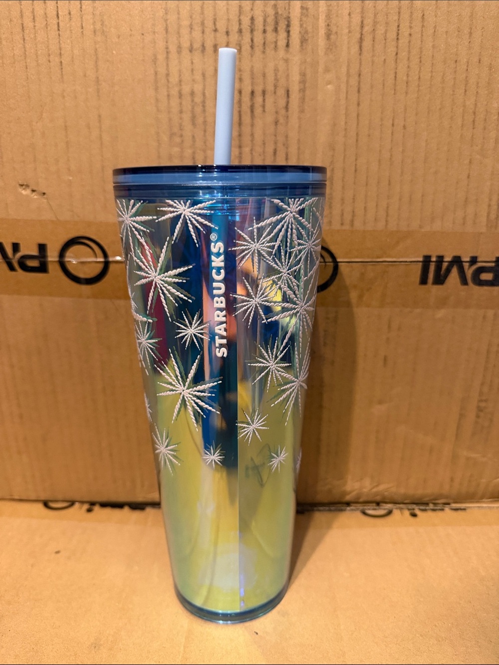 Starbucks Iridescent Blue Green Tumbler with White Starburst Pattern